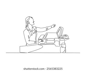 Continuous one line drawing of seller cashier of the strore. Female cashier of supermarket waiting customers illustration. Editable vector. 