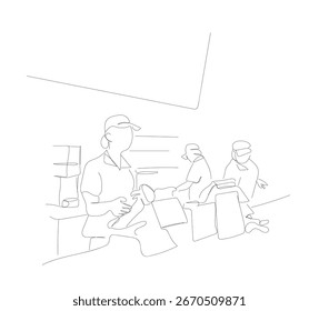 Continuous one line drawing of seller cashier of the strore. Female fast food cashier of  waiting customers illustration. Editable vector. Hand made vector not Al.
