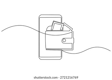 Dibujo continuo de una línea de Envío y recepción de pagos con un teléfono inteligente. Ilustración de dibujo de una sola línea de la cartera Electrónica. Arte vectorial de concepto de pago de ahorros financieros en línea. Ilustración de la línea Doodle.