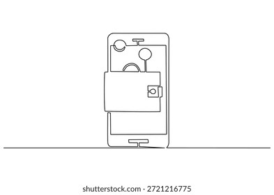 Dibujo continuo de una línea de Envío y recepción de pagos con un teléfono inteligente. Ilustración de dibujo de una sola línea de la cartera Electrónica. Arte vectorial de concepto de pago de ahorros financieros en línea. Ilustración de la línea Doodle.
