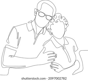 Continuous One Line Drawing Of Senior Couple. Elderly People Hug Together. Old People In Love. Man And Woman On The Path Of Life. Caring For Each Other. Vector Illustration, Freehand Drawing