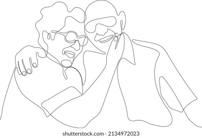 Continuous One Line Drawing Of Senior Couple. Elderly People Hug Together. Old People In Love. Man And Woman On The Path Of Life. Caring For Each Other. Vector Illustration, Freehand Drawing