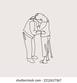 Continuous one line drawing of senior couple. Elderly people hug together. Old people in love. Man and woman on the path of life. Caring for each other. Vector illustration, freehand drawing