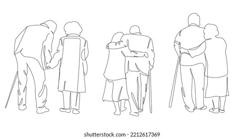 Continuous one line drawing senior couple  Elderly people hug together  Old people in love  Man   woman the path life  Caring for each other  Vector illustration  freehand drawing