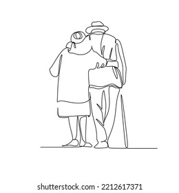 Continuous one line drawing of senior couple. Elderly people hug together. Old people in love. Man and woman on the path of life. Caring for each other. Vector illustration, freehand drawing