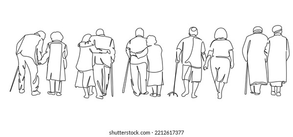 Continuous one line drawing senior couple  Elderly people hug together  Old people in love  Man   woman the path life  Caring for each other  Vector illustration  freehand drawing