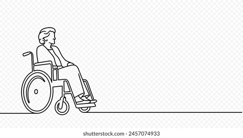 Continuous one line drawing of senior woman in wheelchair vector design. Single line art illustration on transparent background