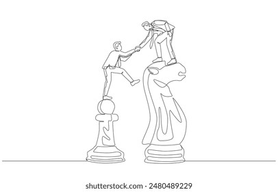 Dibujo continuo de una línea del empresario principal que ayuda al empresario joven a subir del peón al ajedrez del caballero, promoviendo el concepto del crecimiento de la carrera, arte de la sola línea.