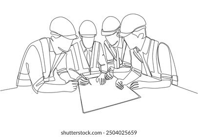 Continuous one line drawing of senior engineering manager pointing out details in blueprint to junior field engineers, construction planning meeting concept, single line art.