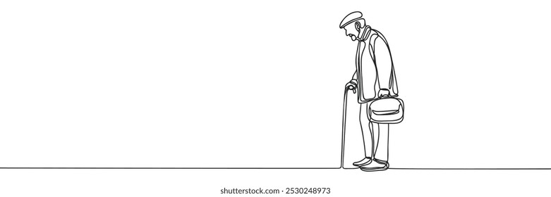 Continuous one line drawing of a senior man with a stick. Minimal outline concept. Vector illustration