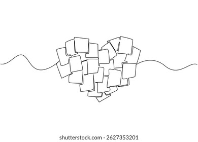 Continuous one line drawing a series of scrap paper that forms a heart shape. Love messages for the loved ones at home. Information. National Memo Day. Single line draw design vector illustration