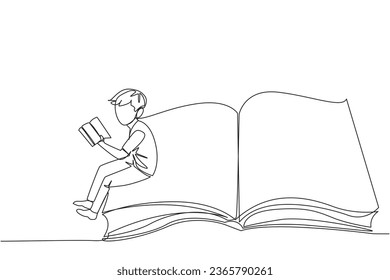 Continuous one line drawing serious man sitting on the edge of a large open book. Study before exam time arrives. Read textbooks with focus. Reading is fun. Single line draw design vector illustration