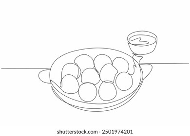 Continuous one line drawing serve the meatballs on a frying pan. Provided with chili sauce as a condiment. Delicious savory snacks. National Meatball Day. Single line draw design vector illustration