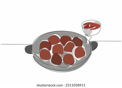 Desenho contínuo de uma linha serve as almôndegas em uma frigideira. Fornecido com molho de pimenta como um condimento. Deliciosos lanches salgados. Dia Nacional do Almofada. Ilustração de vetor de design de desenho de linha única