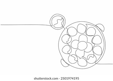 Continuous one line drawing serving meatballs on a frying pan complete with barbecue sauce. Increased appetite. Tasty. Delicious. National Meatball Day. Single line draw design vector illustration