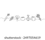 Continuous one line drawing of set of vegetables. One line drawing illustration of set of ripe vegetables. Vegetables, Fresh vegetables concept line art. Editable outline