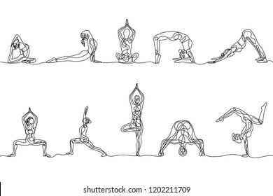 Continuous one line drawing set of woman yoga poses. Vector 