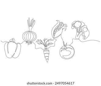 Continuous one line drawing of set of vegetables. One line drawing illustration of set of ripe vegetables. Vegetables, Fresh vegetables concept line art. Editable outline