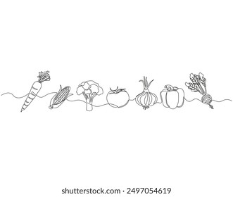 Continuous one line drawing of set of vegetables. One line drawing illustration of set of ripe vegetables. Vegetables, Fresh vegetables concept line art. Editable outline