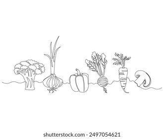 Dibujo continuo de una línea de conjunto de verduras. Ilustración de dibujo de una línea de conjunto de verduras maduras. Verduras, arte de línea de concepto de verduras frescas. Esquema editable