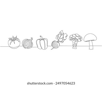 Continuous one line drawing of set of vegetables. One line drawing illustration of set of ripe vegetables. Vegetables, Fresh vegetables concept line art. Editable outline
