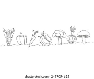 Continuous one line drawing of set of vegetables. One line drawing illustration of set of ripe vegetables. Vegetables, Fresh vegetables concept line art. Editable outline