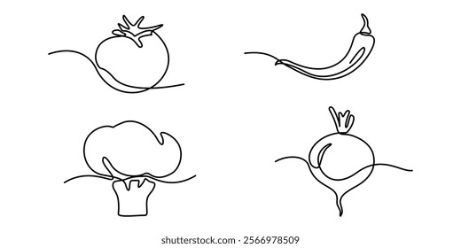 Continuous one line drawing of set of vegetables. One line drawing illustration of set of ripe vegetables. World vegetarian day, It represents a healthy lifestyle with fresh, local vegetables pro. 