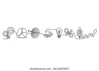 Continuous one line drawing of Set of business icon. Single line drawing illustration of Business strategy. Business growth up concept vector art. Doodle line illustration.
