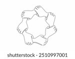 Continuous one line drawing seven colorful hands holding each other. Multi ethnic. United. International Day for the Elimination of Racial Discrimination. Single line draw design vector illustration