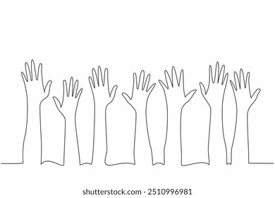 Continuous one line drawing seven colorful hands raise. Rejecting skin color discrimination. International Day for the Elimination of Racial Discrimination. Single line draw design vector illustration