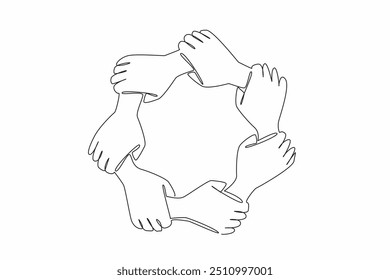 Continuous one line drawing seven colorful hands holding each other. Multi ethnic. United. International Day for the Elimination of Racial Discrimination. Single line draw design vector illustration