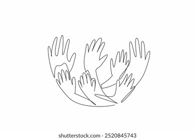 Continuous one line drawing seven curved hands in campaign colors. Symbolizing unity, hope, and collective effort. Support to survivor. Rare Disease Day. Single line draw design vector illustration