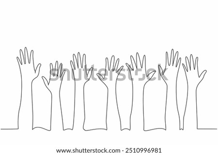 Continuous one line drawing seven colorful hands raise. Rejecting skin color discrimination. International Day for the Elimination of Racial Discrimination. Single line draw design vector illustration