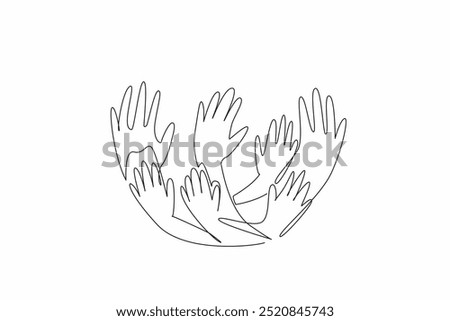 Continuous one line drawing seven curved hands in campaign colors. Symbolizing unity, hope, and collective effort. Support to survivor. Rare Disease Day. Single line draw design vector illustration