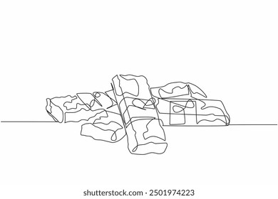 Continuous one line drawing several sweet tasty crisp granola bars tied together using paper. Homemade snacks for daily energy boost. National Flapjack Day. Single line draw design vector illustration