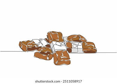 Continuous one line drawing several sweet tasty crisp granola bars tied together using paper. Homemade snacks for daily energy boost. National Flapjack Day. Single line draw design vector illustration