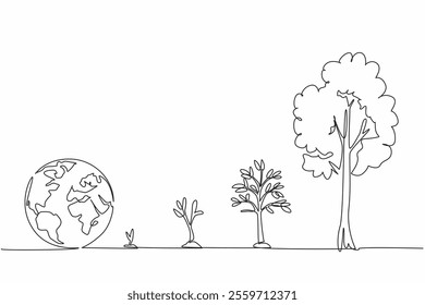 Continuous one line drawing several stages from shoots to becoming large trees. Green the earth for the beloved earth. Protect the environment. Earth Day. Single line draw design vector illustration