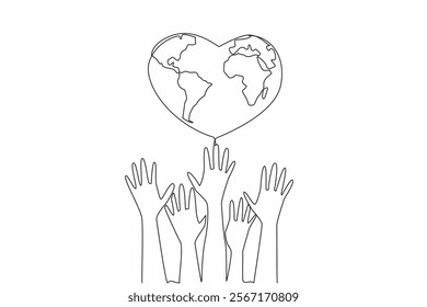 Continuous one line drawing several hands are raised upwards and above a heart shaped globe. Mass organizations ready to protect the earth. Global Love Day. Single line draw design vector illustration