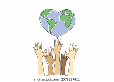 Continuous one line drawing several hands are raised upwards and above a heart shaped globe. Mass organizations ready to protect the earth. Global Love Day. Single line draw design vector illustration