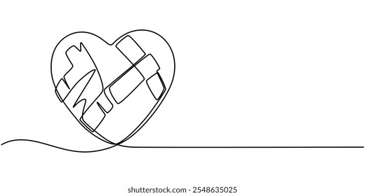 desenho contínuo de uma linha Sewn Broken Heart, coração de amor vermelho quebrado reparado com band aids, coração partido mended com emplastros, coração de papel isolado rasgado e mend