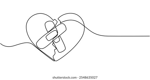 continuous one line drawing Sewn Broken Heart, Broken red love heart repaired with band aids, Broken Heart Mended with Plasters, Isolated Paper Heart Torn And Mend