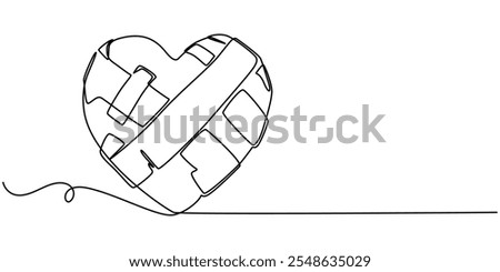 continuous one line drawing Sewn Broken Heart, Broken red love heart repaired with band aids, Broken Heart Mended with Plasters, Isolated Paper Heart Torn And Mend