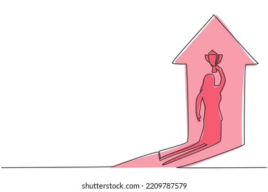 Continuous one line drawing shadow of young female entrepreneur lifting the trophy reflected on the wall. Success manager minimalist concept. Trendy single line draw design vector graphic illustration