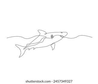 Continuous one line drawing of shark fish illustration. Great white shark simple outline vector design. Editable stroke.
