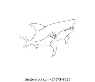 Continuous one line drawing of shark fish illustration. Great white shark simple outline vector design. Editable stroke.