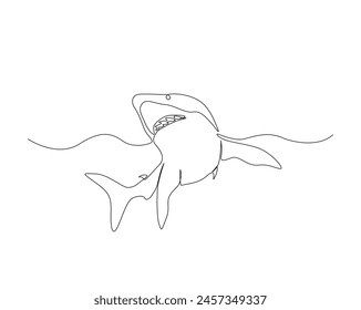 Continuous one line drawing of shark fish illustration. Great white shark simple outline vector design. Editable stroke.