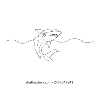 Continuous one line drawing of shark fish illustration. Great white shark simple outline vector design. Editable stroke.