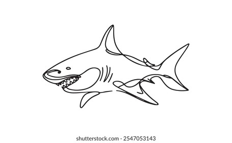 Continuous one line drawing of shark fish. Simple illustration of saltwater fish line art vector illustration