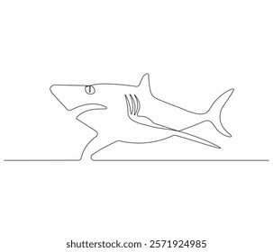Continuous one line drawing of shark. Single line drawing illustration of shark saltwater. Logo,symbols and design style Concept vector art. Doodle line illustration. 