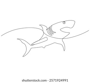 Continuous one line drawing of shark. Single line drawing illustration of shark saltwater. Logo,symbols and design style Concept vector art. Doodle line illustration. 